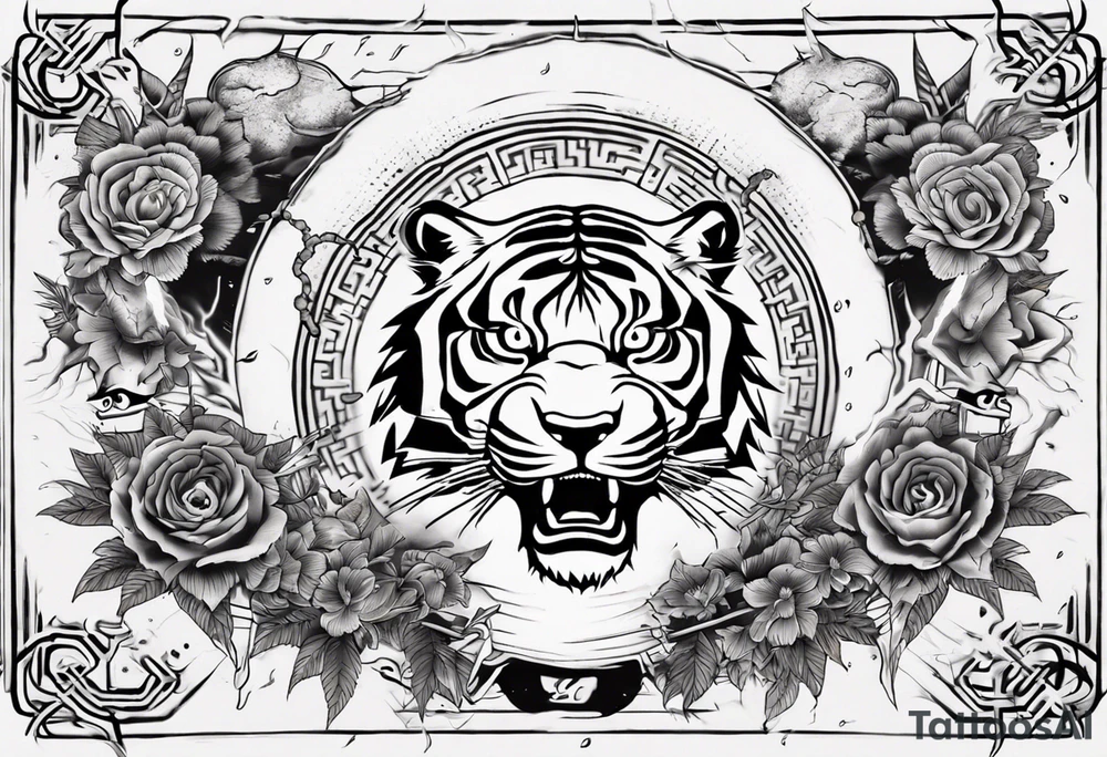 Ancient tiger with lightning and a sun for a forearm sleeve. With patterns surrounding it tattoo idea