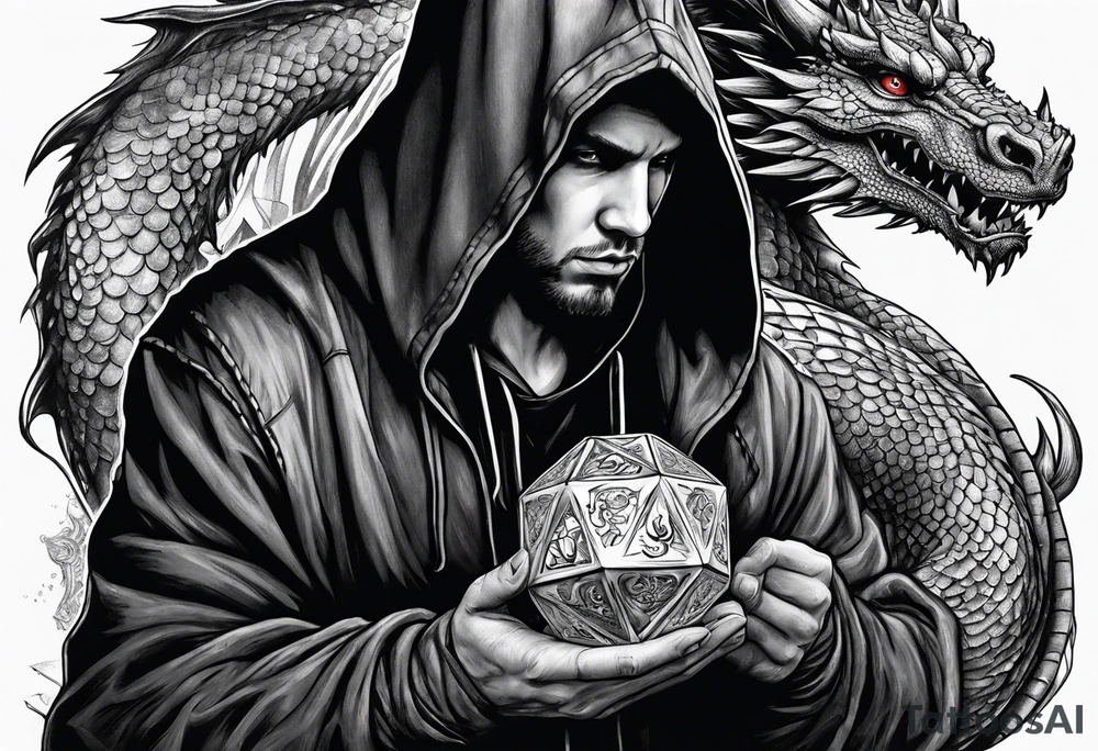 Hooded figure holding a D20 surrounded by a dragon tattoo idea