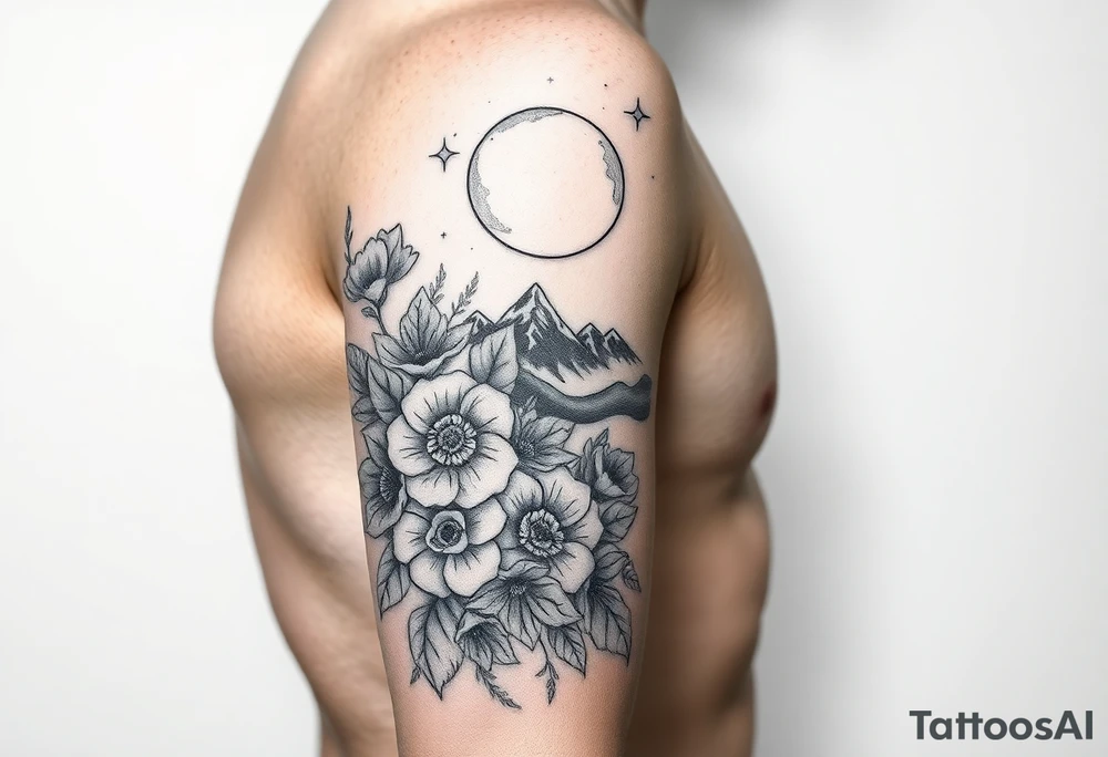 Arm and wristwrap around tattoo, with roses and wild flowers
moon and stars mountains
Feminine tattoo idea