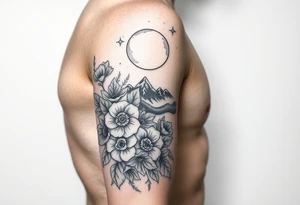 Arm and wristwrap around tattoo, with roses and wild flowers 
moon and stars mountains
Feminine tattoo idea