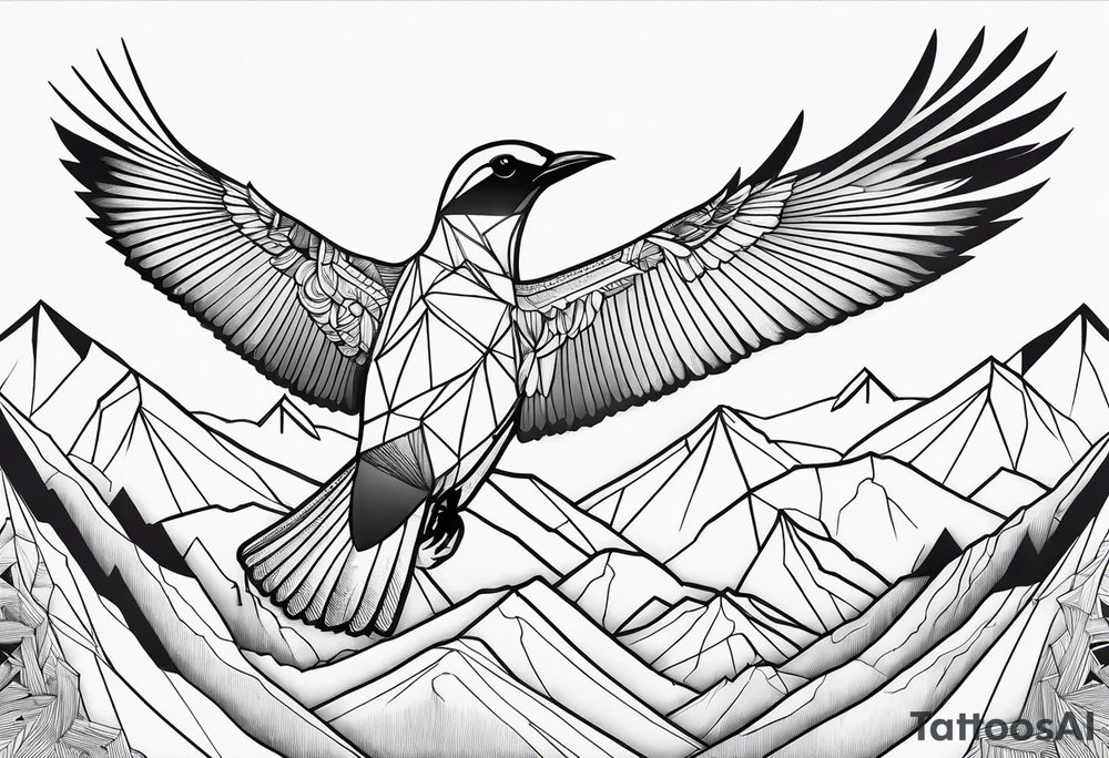 Geometric Black and white bird outline with mountains in distance tattoo idea
