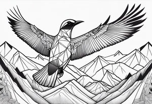 Geometric Black and white bird outline with mountains in distance tattoo idea