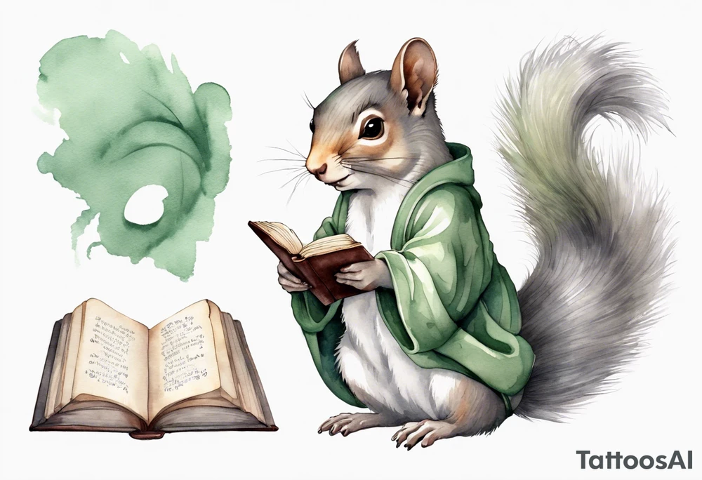 a grey squirrel with long feminine hair and a sage green robe, holding a magic book tattoo idea