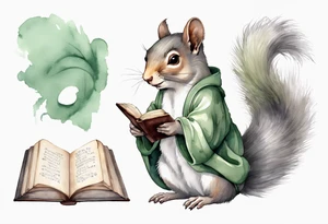 a grey squirrel with long feminine hair and a sage green robe, holding a magic book tattoo idea