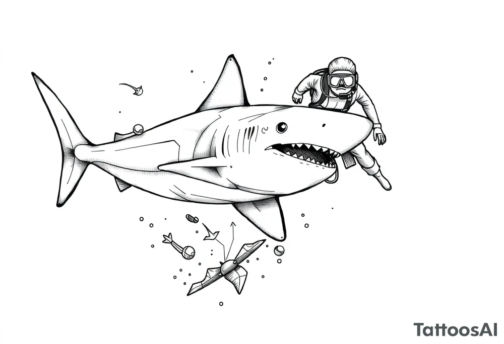 Generate a dive scene including a shark and a diver tattoo idea