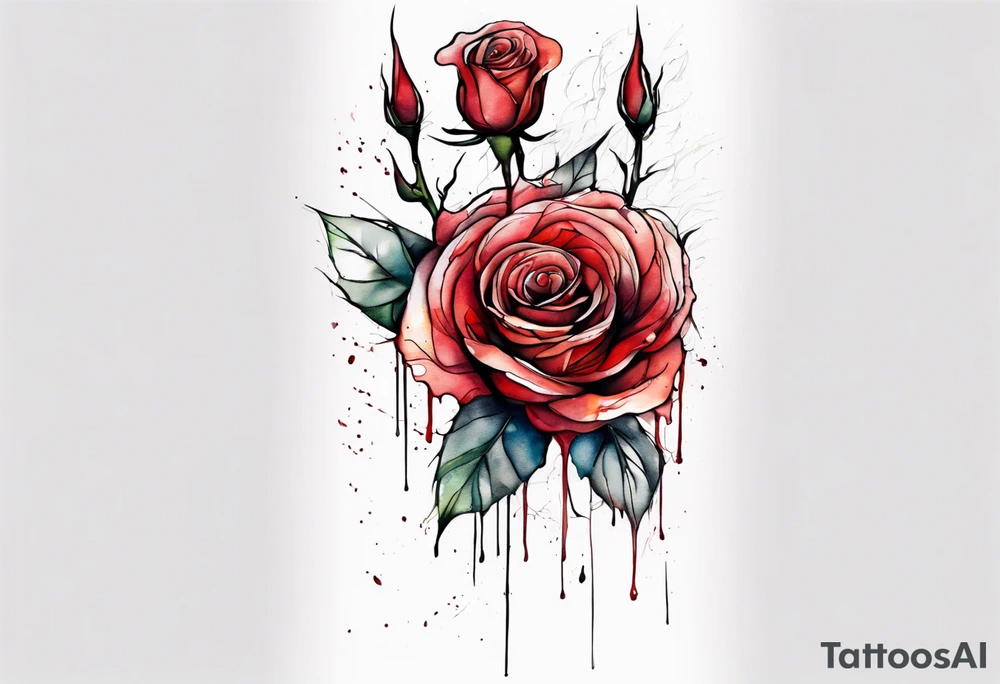 rose flower, one line, red blood dripping from the flower, tall, watercolor tattoo idea