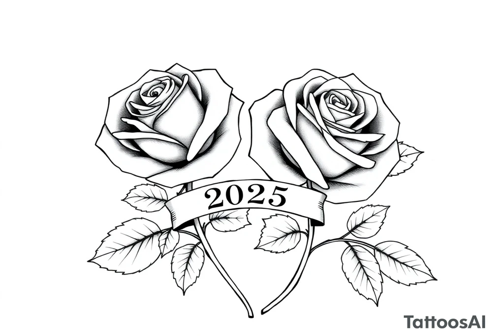 two beautiful large rose buds, one larger than the other, with many leaves next to the rose buds, with one sitting higher than the other. Include a banner connecting the two roses with the year "2025" on it.   Use dark outlines with little shading. The two stems should be short, not long, and connect and join into one stem, whimsically curved or twisted - not straight down. tattoo idea
