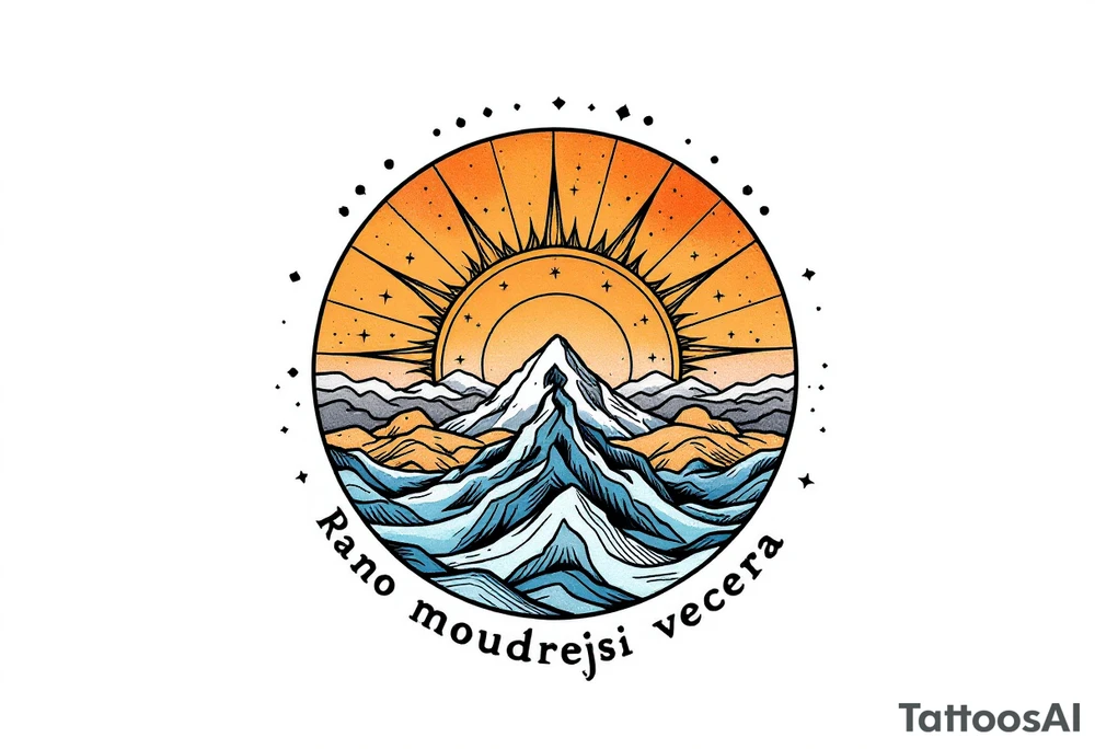 "Rano moudrejsi vecera." — A half-sun, half-moon design in pastel oranges and soft blues, with the phrase circling the horizon line in black. tattoo idea