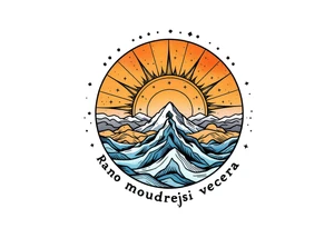 "Rano moudrejsi vecera." — A half-sun, half-moon design in pastel oranges and soft blues, with the phrase circling the horizon line in black. tattoo idea