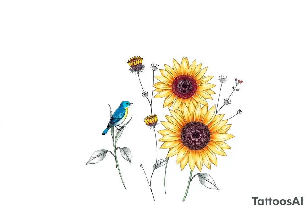 Sunflowers, bluebird, wild flowers tattoo idea