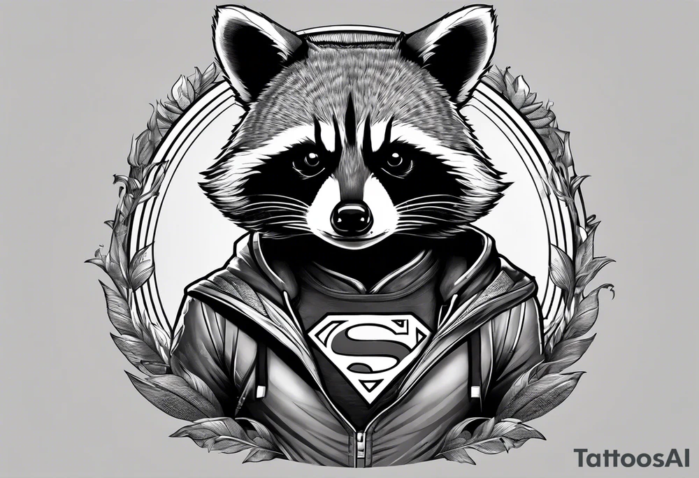 raccoon wearing a Superman hoodie tattoo idea
