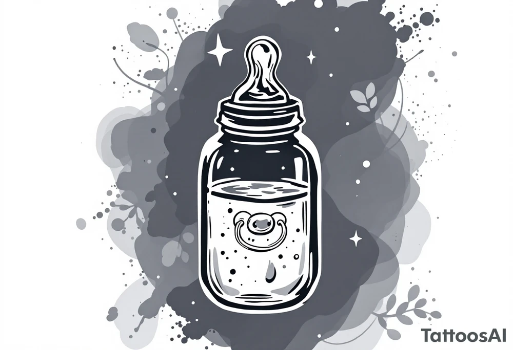 A baby bottle with pacifier outlined in soft pastel tones conveys the gentle and devoted care of early motherhood. tattoo idea