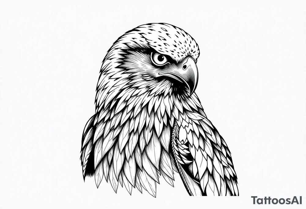 Um desenho em preto e branco de uma aguia, com aparência mística e detalhada. A arte é feita  com muitos traços finos, sombreamento em pontilhismo (dotwork) e formas geométricas. A aguia tem olhos vazios e brilhantes, com penas sobrepostas em formas angulares e orgânicas. As asas e a cauda são longas, com detalhes intrincados que lembram padrões de penas de coruja ou falcão. A pose da aguia é majestosa, com a cabeça voltada para frente e o corpo inclinado para o lado, como se estivesse empoleirado tattoo idea