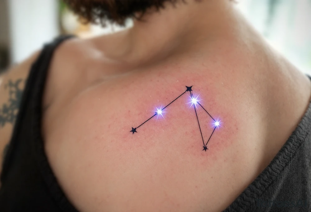 A minimalist Sagittarius figure tattoo, with thin, fine lines connecting the bright stars. The stars are dotted with a subtle blue glow. The tattoo can have a faint purple watercolor wash around the lines to give it a celestial vibe, with the stars representing the Sagittarian quest for wisdom and truth. tattoo idea
