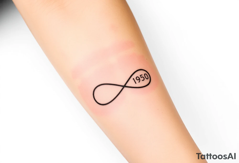 “Quero uma tatuagem no antebraço, simples e pequena. Deve ter a data de nascimento do meu avô 08/03/1950 escrita em vermelho, seguida de um traço reto e, à frente, o símbolo de infinito em preto com detalhes em branco. O design deve ser minimalista, com letras elegantes e proporcionais, mantendo um aspeto discreto.” tattoo idea
