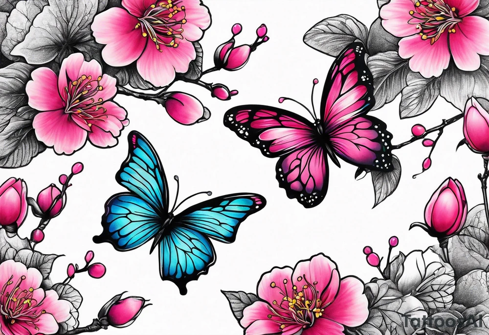 Vibrant, pink plum blossom flowers with butterflies tattoo idea