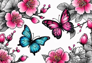 Vibrant, pink plum blossom flowers with butterflies tattoo idea