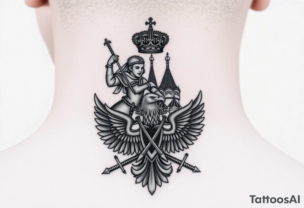 St. George slaying the dragon (hugely common in Russian Orthodox art)
Russian imperial crown above the eagle
Crossed swords or a Russian sabre
The Kremlin or St. Basil's Cathedral scene tattoo idea