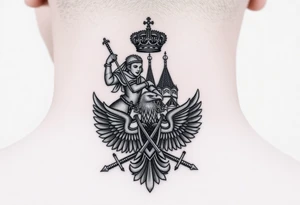 St. George slaying the dragon (hugely common in Russian Orthodox art)
Russian imperial crown above the eagle
Crossed swords or a Russian sabre
The Kremlin or St. Basil's Cathedral scene tattoo idea