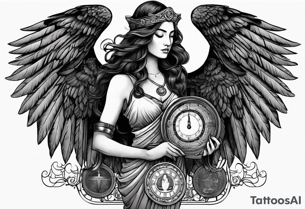 Imagine goddess Justitia with two wings, one angelic, one raven-like. She holds a scale. There is a banderole wrapped around her body with the expression „MEMENTO VIVERE“ on it. tattoo idea