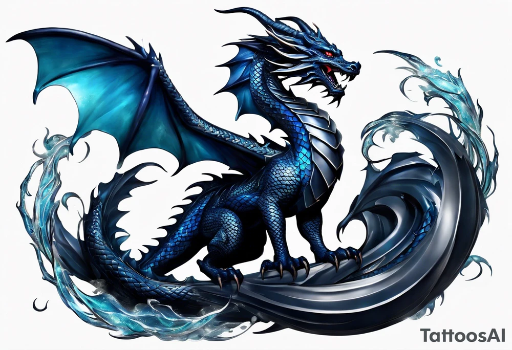 An epic floating dragon. Its long body coiling dynamically, with scales and horns detailed to create a sense of movement and strength. The dragon's main color is midnight blue, giving a vibrant depth and a mystical aura. This tattoo highlights the dragon’s fierce expression and sharp claws. tattoo idea