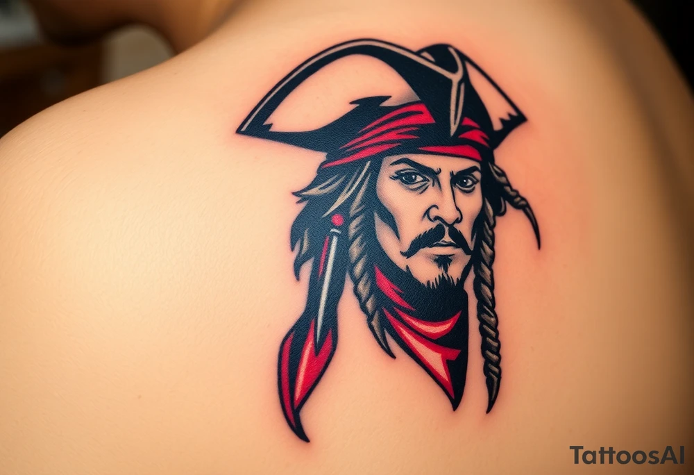 A stylized Jack Sparrow with exaggerated pirate hat and wild dreadlocks, done in bold black ink with deep red highlights for the bandana tattoo idea