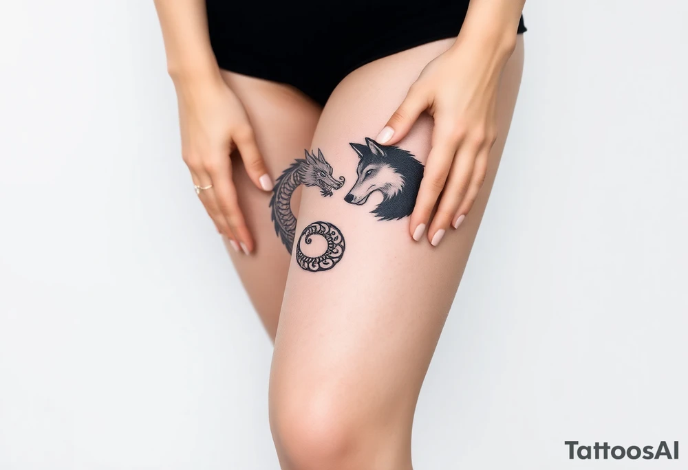 Ying yang symbol with one side a dragon and one side a wolf tattoo idea