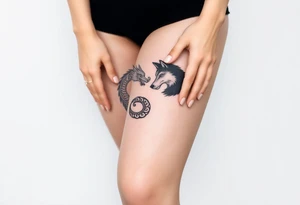 Ying yang symbol with one side a dragon and one side a wolf tattoo idea