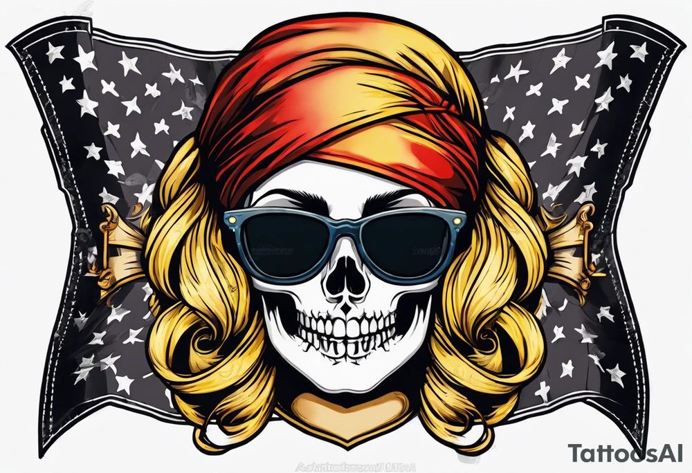 pirate flag with a female skull wearing glasses with two blonde buns and crossbones underneath, no hat tattoo idea