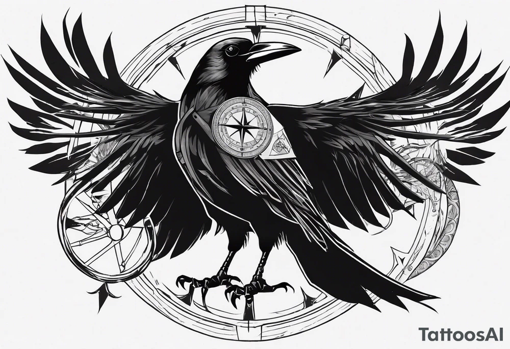 black raven with flying forward with a viking compass in the background tattoo idea
