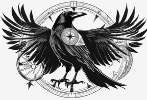 black raven with flying forward with a viking compass in the background tattoo idea
