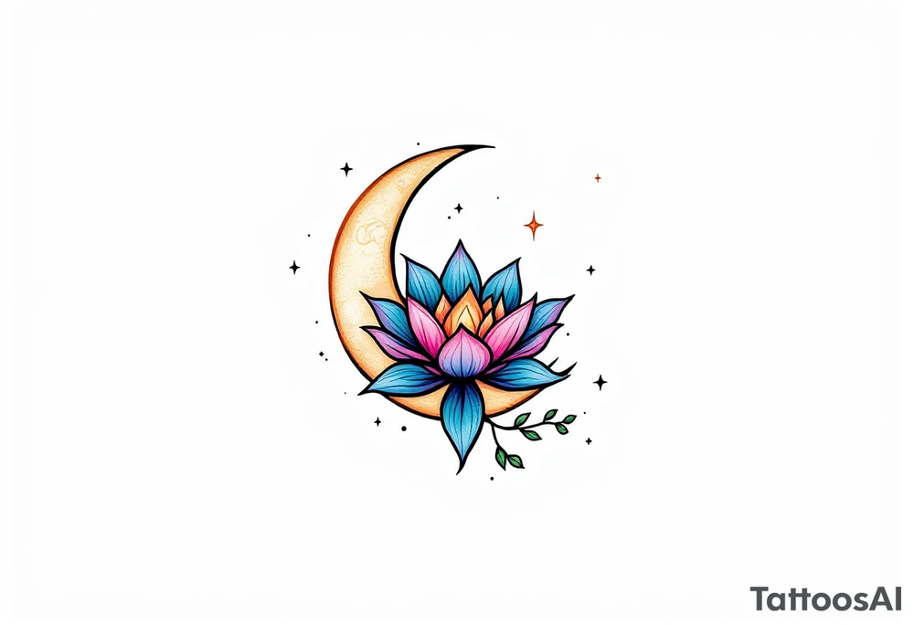 tiny colorful crescent moon with lotus flower tattoo idea