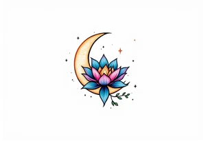 tiny colorful crescent moon with lotus flower tattoo idea