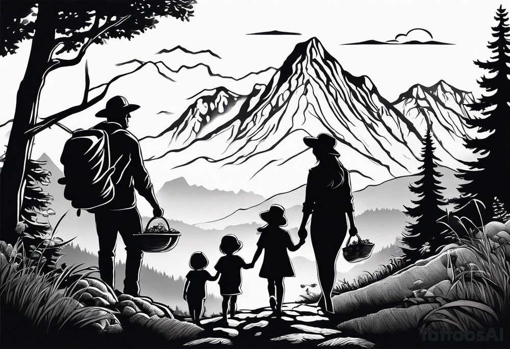 Family silhouette father, mother, son, 2 daughters foraging mushrooms with mountains and creek in background tattoo idea