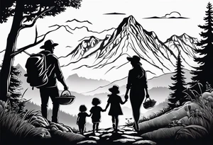 Family silhouette father, mother, son, 2 daughters foraging mushrooms with mountains and creek in background tattoo idea