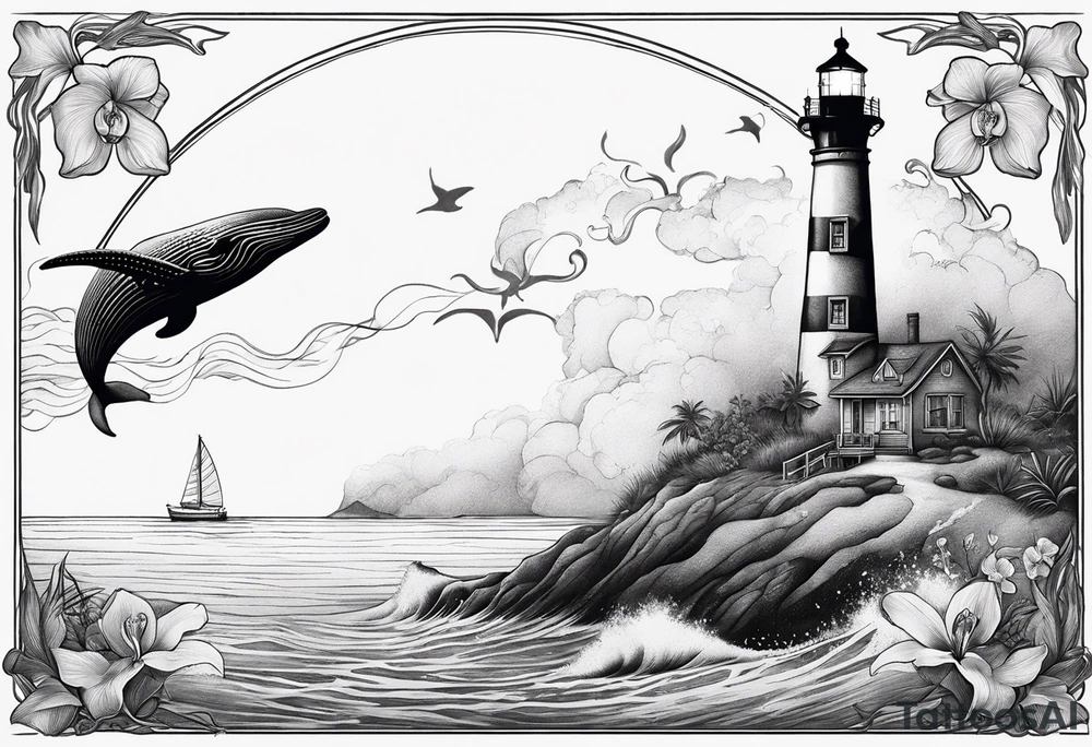 Lighthouse on a beach with light on in the fog and a humpback whale's tail sticking out of the water of the ocean with a border containing an anchor and orchids tattoo idea