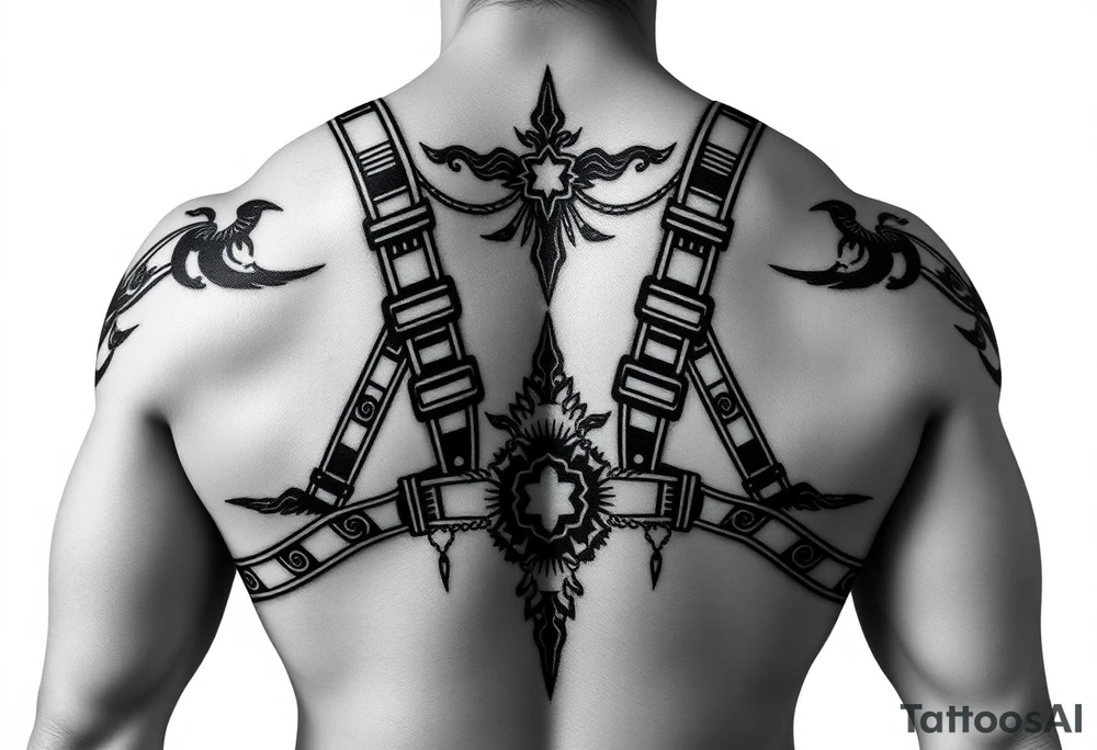 i want a tattoo that goes from the front to the back and and is similar to a harness. with connecting from my pecs to the back and also to my arms so they would be like the straps. i want to see the front and the back. i want it to be styled (the straps) like asian samoan type of pattern. i want the straps to look asian. not real straps. tattoo idea