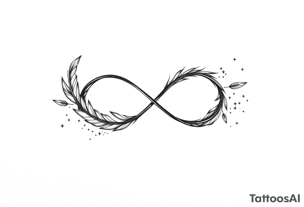 infinity symbol woven with floating feathers and stardust tattoo idea