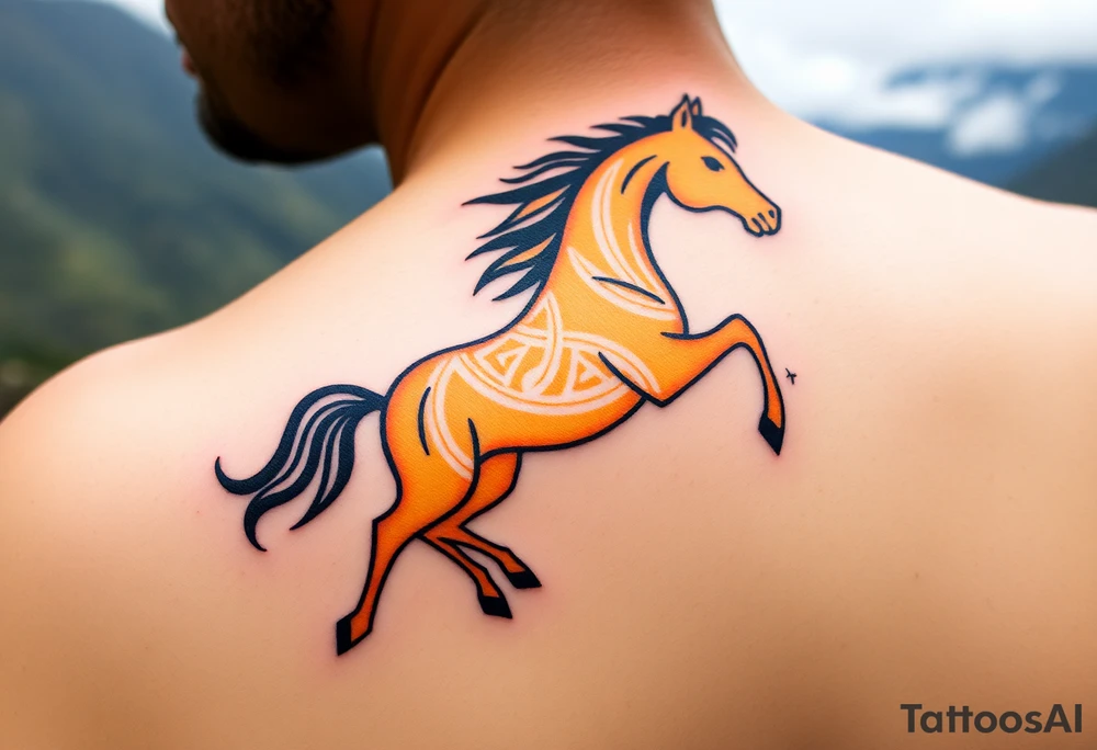 The tattoo represents a supernatural encounter with a golden horse with jet-black fur in the mountains of Choquequirao (Cusco, Peru). This mysterious, fleeting horse symbolizes strength, energy, and spiritual rebirth. It appeared at full speed, its hooves shaking the ground, its breath so powerful it drowned out all other sounds. The narrator felt no fear, only awe as the horse took a perfect curve, muscles tense, radiating power and grace. Its presence transformed the narrator, giving them the energy to complete an exhausting trek and leaving them with a profound connection to something greater. The tattoo aims to capture the essence of this moment: strength, speed, beauty, and the spirit of the mountain. tattoo idea