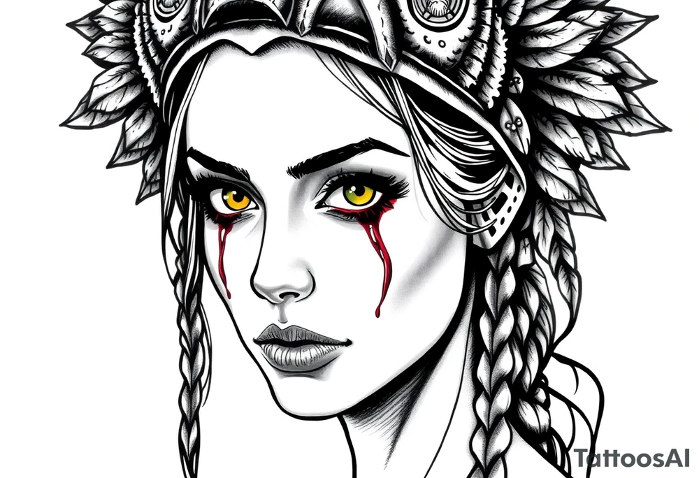 Symmetrical Beautiful Woman, looking forward, with colored eyes, shedding a tear, with battle scars and blood on face, wearing a mean looking bear headdress on head tattoo idea