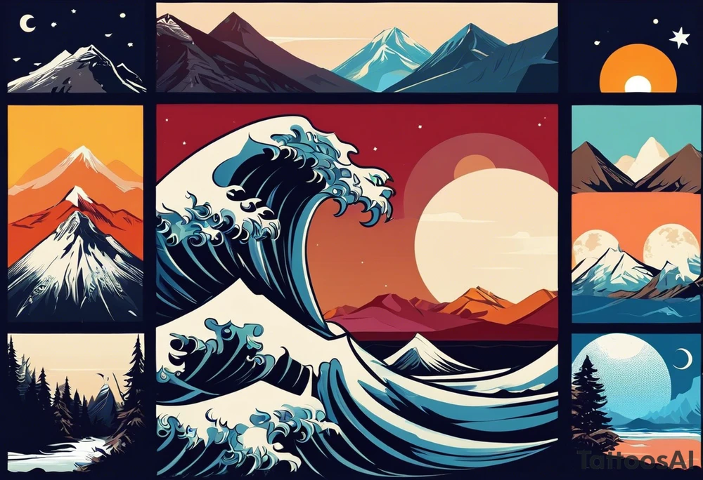 I am into hiking mountains, surfing, scuba diving, etc, and just traveling around to do cool adventures. If you have any ideas as an artist that would be awesome. These are the designs that really speak to me. I would definitely want to not fill the moon in the mountain one, and find a reference to the water and the sunset with the mountain. I also love the touch of the bird in the bottom. Im really looking for something that references exploring new places while traveling as much as possible and feeling free. tattoo idea