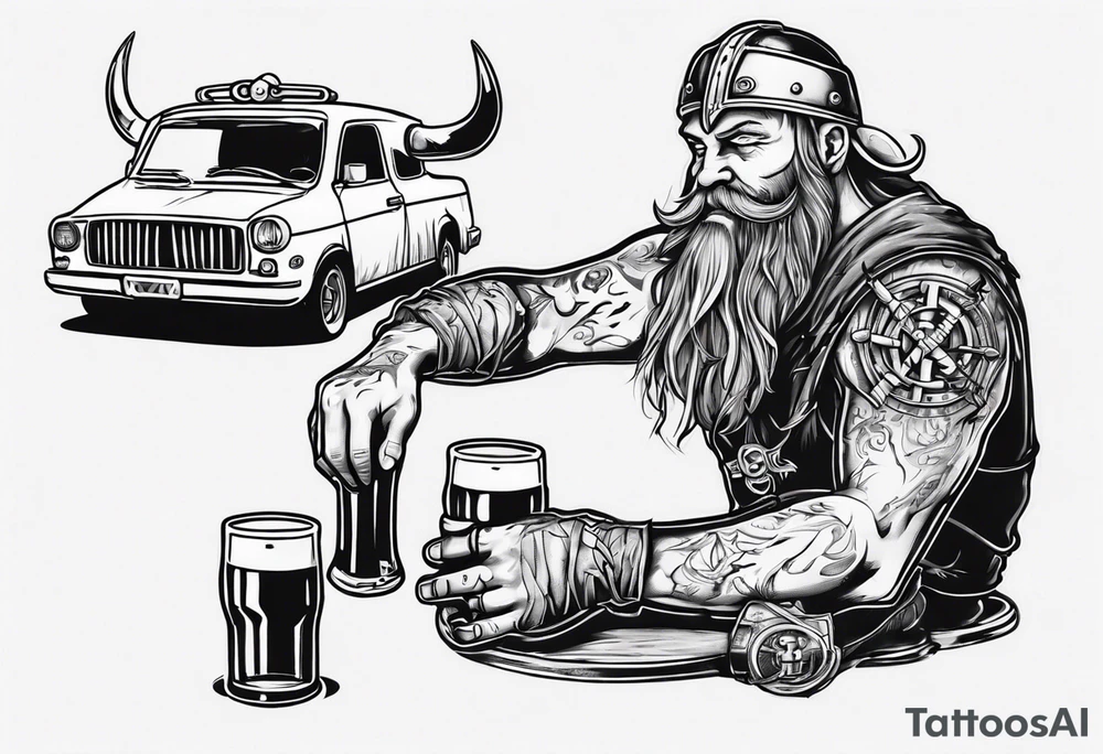 A Viking drinking a beer next to a car tattoo idea
