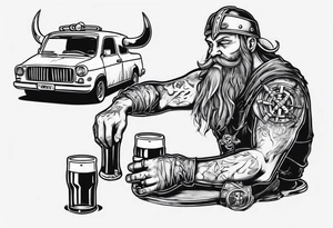 A Viking drinking a beer next to a car tattoo idea