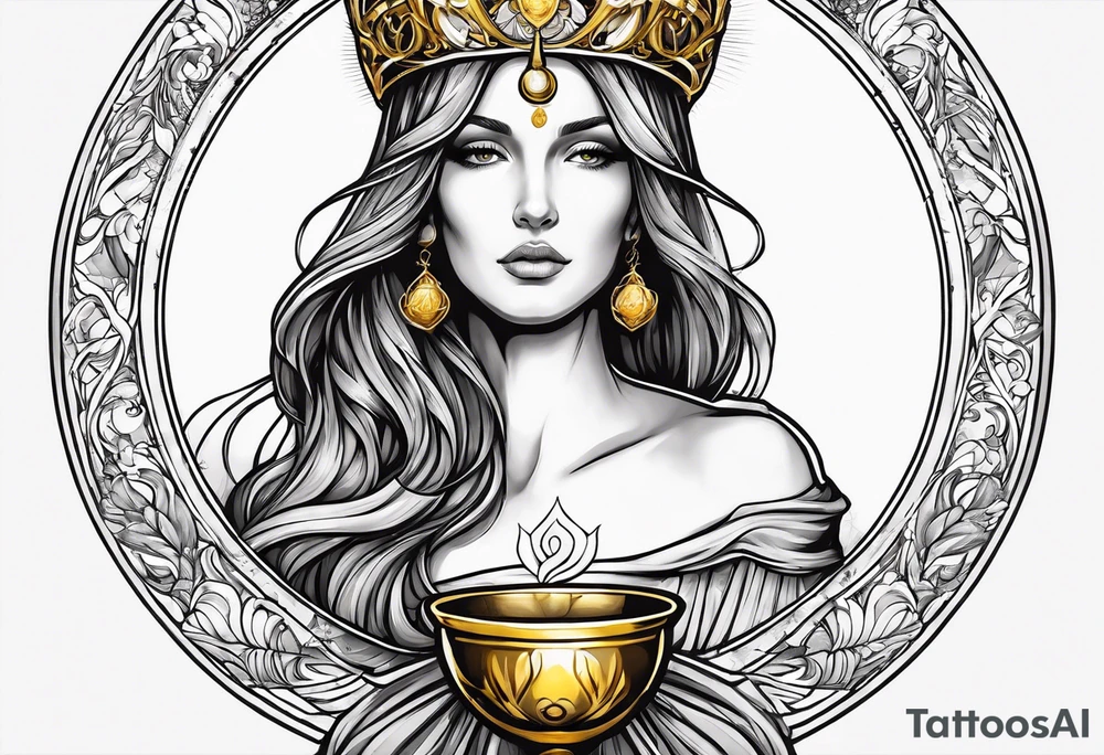 holy saint woman with golden halo holding a chalice tattoo idea