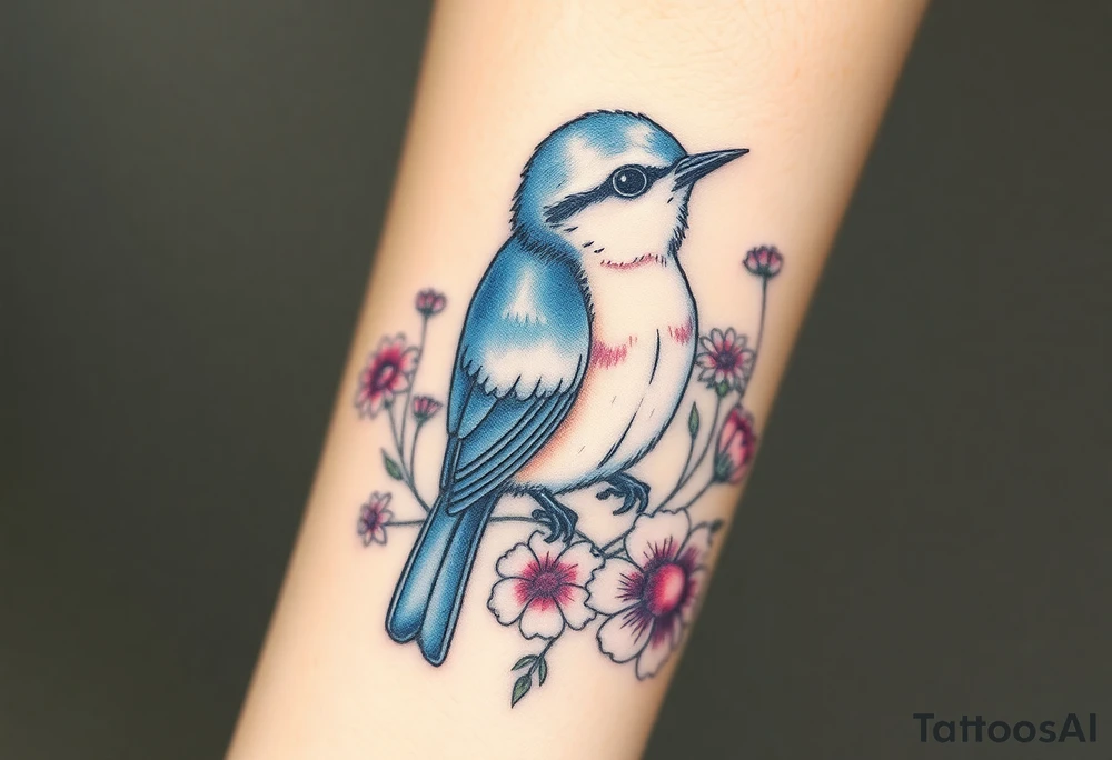 Puffy bluebird surrounded by wild flowers tattoo idea