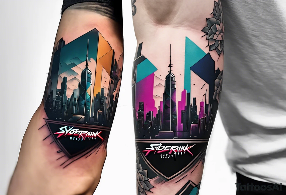 cyberpunk 2077, forearm tattoo, geometric, subtle, men, city skyline, 4k tattoo idea