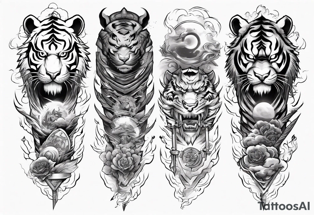 tiger warrior with lightning and the sun for a forearm sleeve tattoo idea