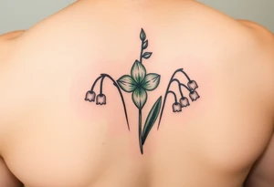 Upper arm tattoo. Peridot green Gladiola in the middle of two lily of the valley each with nine blossoms tattoo idea