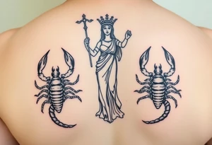 The figure of Lady Justice next to two Scorpions tattoo idea