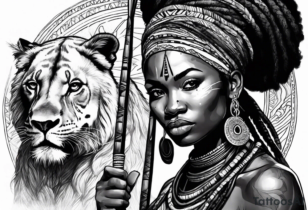 African woman warrior with tribe scars and spear in hand with animals in background tattoo idea
